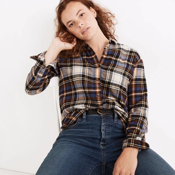 Madewell Flannel Oversized Ex-Boyfriend Shirt in Fuller Plaid Blue Tartan - Picture 5 of 10